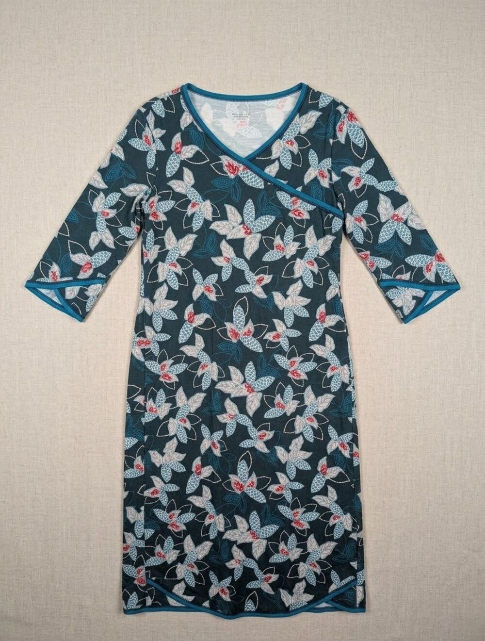 Garnet Hill Blue Floral Organic Cotton Asian Wrap Nightgown Dress - M